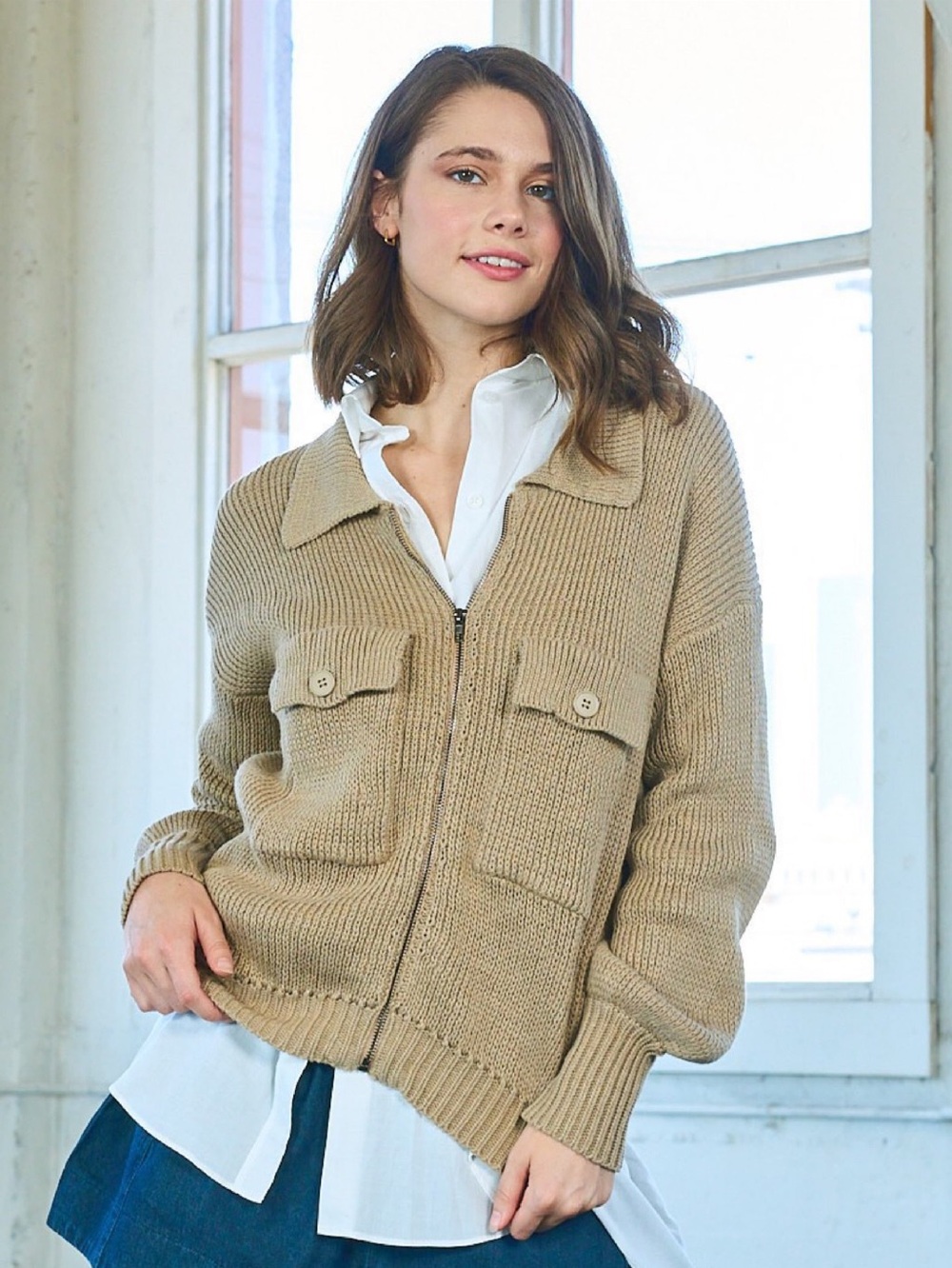 Maronie Anthropologie Beige Zip-Front Knit Cardigan with Patch Pockets ♥️♥️